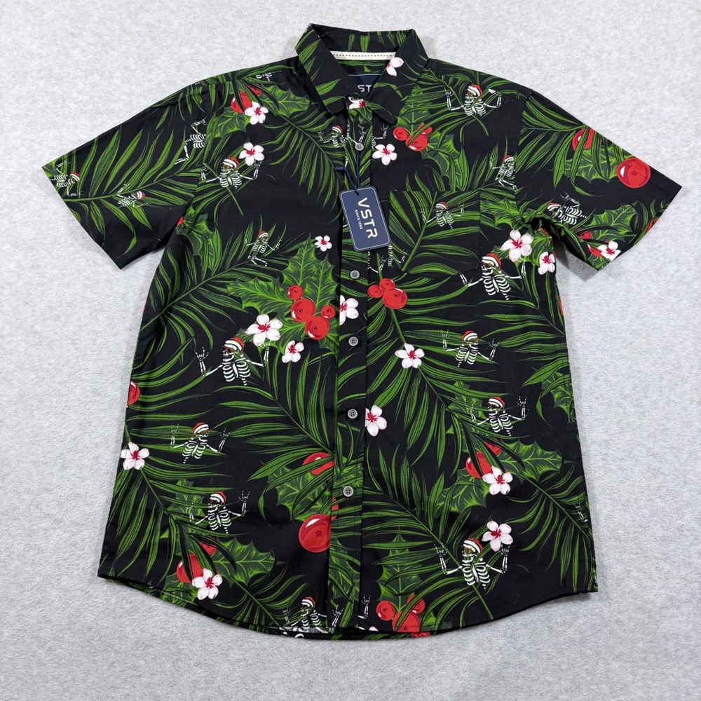 VSTR Mens Short Sleeve‎ Button Up Shirt Black Tropical Holiday Skeleton Santa M